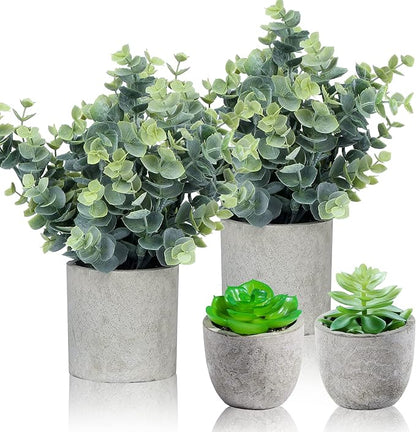 Flojery Small Fake Plants Eucalyptus Potted Mini Potted Plants Artificial Eucalyptus Boxwood Rosemary Greenery in Pots Faux Potted Herbs Small House Plants for Indoor Greenery Tabletop Set of 4