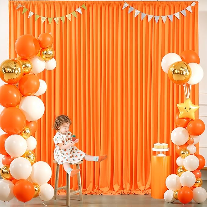 Orange Backdrop Curtains 4 Panels - Wrinkle-Free Polyester Photography Drapes for Baby Shower & Birthday Party - 16 X 10FT