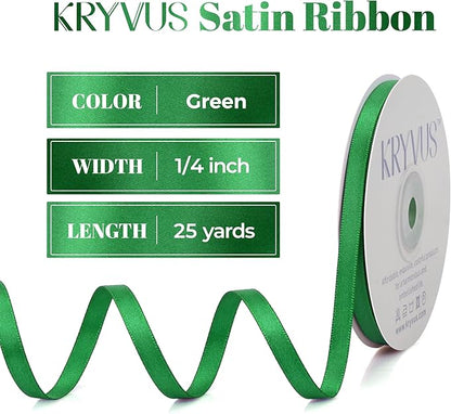 Green Satin Ribbon, Double Faced 1/4 Inch X 25 Yards Green Ribbon, Premium Satin Ribbon for Gift Wrapping, Crafts, Hair Bow Making, Sewing, Flower Bouquet, Wedding Party Decor