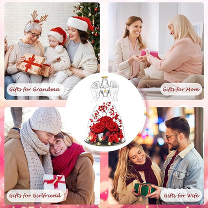 Christmas Angel Gifts for Women,Preserved Flowers Rose in Glass Angel Figurines Flowers for Delivery,Preserved Three Red Rose with Lights,Christmas Birthday Gifts for Grandma Mom Wife Her Sister