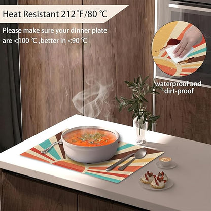 Vintage Sun Placemats Set of 6,Sunrise Sunset Table Mats Non-Slip Heat Resistant Washable Placemat for Party Kitchen Dining Table Decoration Indoor Outdoor