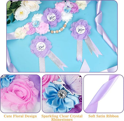INSYOHO Butterfly Baby Shower Decorations - Adjustable a Little Butterfly is on Her Way Theme Maternity Belt with Purple Flowers Baby Shower Decorations, Gender Reveal Party Supplies for Mom to Be