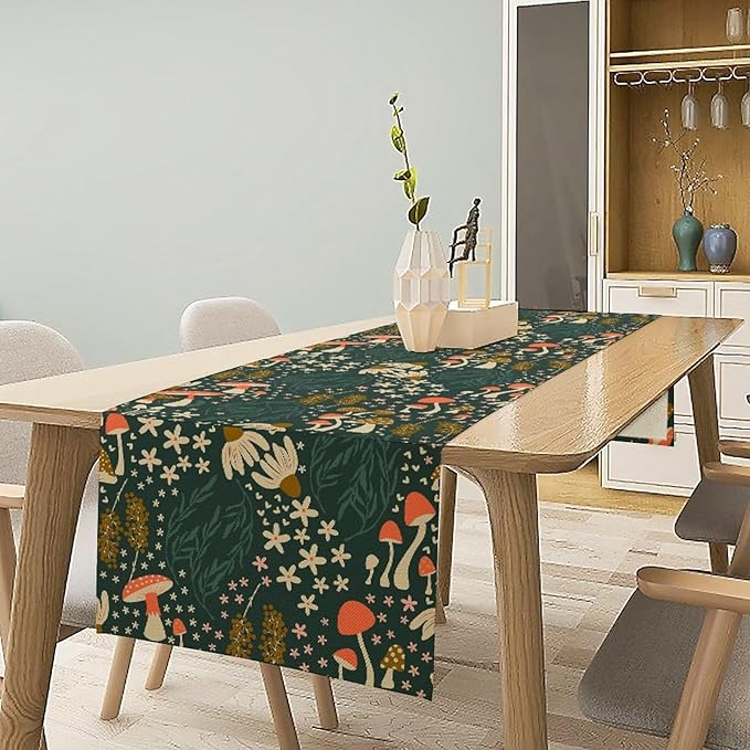 Mushroom Table Runner, Cartoon Woodland Summer Flowers Plants Forest Seasonal Spring Kitchen Dining Table Decoration for Home Party Decor, 13x108inch