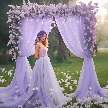 10x8ft Purple Tulle Backdrop Curtain with Lights String for Parites, Sheer Backdrop Curtains for Wedding Baby Shower Birthday Party Photo Shoot Decorations