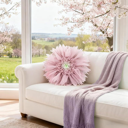Hand Crafted 3D Flower Round Velvet Throw Pillow Cover Pink Decorative Floral Accent Pillowcase Cute Elegant Cushion with Insert for Bed Couch Car Farmhouse Home Decor Gift 12Inch Rose Gold