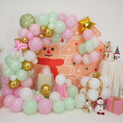 Christmas Decorations Balloons Arch Kit, Pastel Pink Green White Gold Balloons with Star Peppermint Candy Cane Foil Balloon for Christmas Xmas Gingerbread Nutcracker Baby Shower Birthday Party Decor