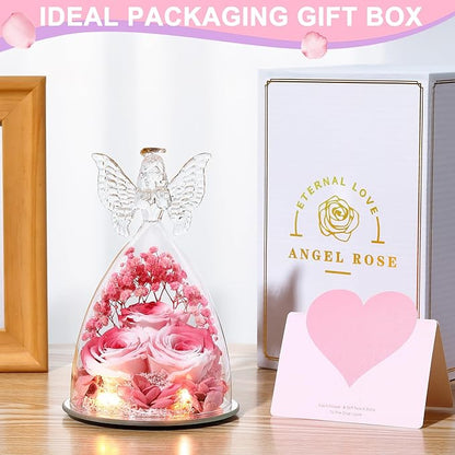 Christmas Rose Gifts for Women Preserved Real Flower in Glass Angel Figurines Roses for Delivery Prime Birthday Gifts for Mom Grandma Girlfriend Wife Her, Pink White