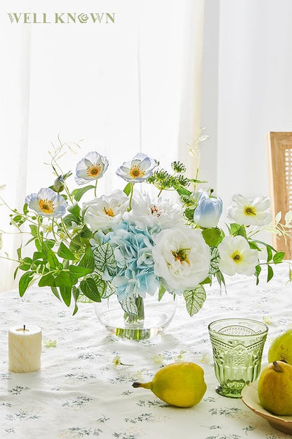 WELL KNOWN Artificial Silk Flowers Bouquet with Vase, Fake Flower Arrangements in Glass Vase with Faux Water for Spring Summer Seasonal Home Office Hotel Wedding Table Decor (Blue in Spring)