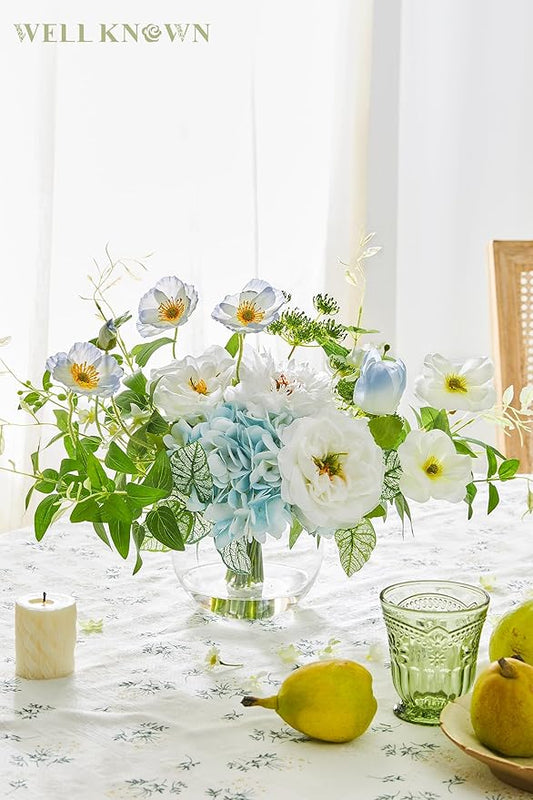 WELL KNOWN Artificial Silk Flowers Bouquet with Vase, Fake Flower Arrangements in Glass Vase with Faux Water for Spring Summer Seasonal Home Office Hotel Wedding Table Decor (Blue in Spring)