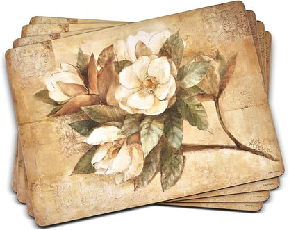 Pimpernel Sugar Magnolia Collection Placemats & Coasters (15.7" x 11.7") – Cork-Backed Boards with Lacquer Finish, Heat & Stain Resistant Dining Mats & Surface Protectors for Kitchen & Home Decor