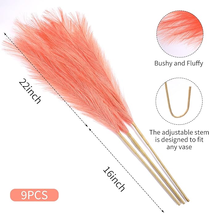 9 Stems Orange Pampas Grass - 38 Inch Tall Faux Pompous Grass Decor, Large Artificial Pompas Floral for Vase Filler, Wedding, Party and Fall Home Decor (Orange)