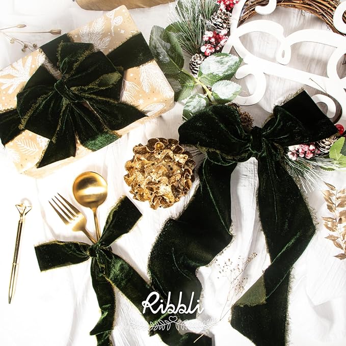 Ribbli Dark Moss Velvet Ribbon 2 Inch Handmade Frayed Vintage Christmas Ribbon for Gift Wrapping Christmas Tree Ornament Wreath Craft Home Decor -3 Yards