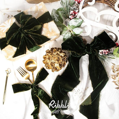 Ribbli Dark Moss Velvet Ribbon 2 Inch Handmade Frayed Vintage Christmas Ribbon for Gift Wrapping Christmas Tree Ornament Wreath Craft Home Decor -3 Yards