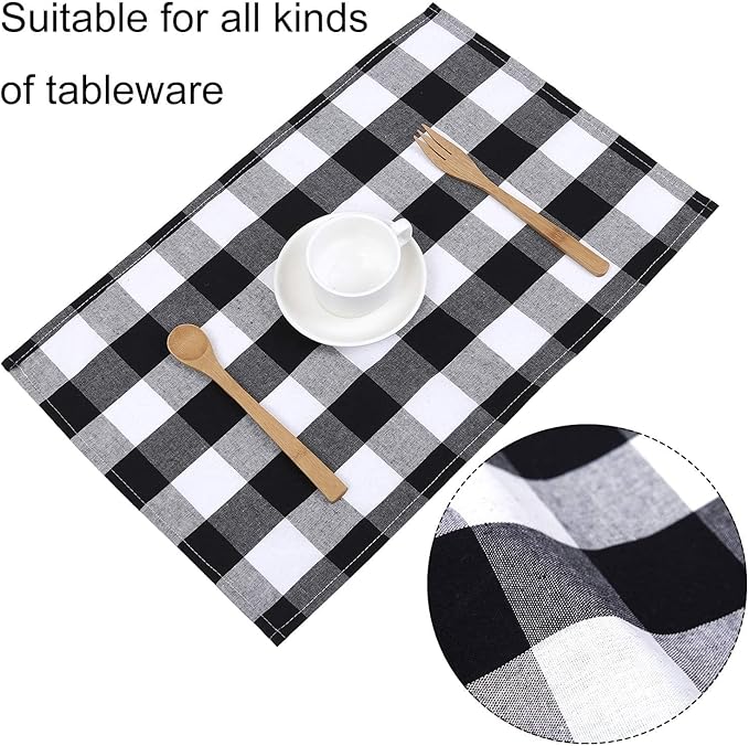 Aneco 4 Pack Buffalo Plaid Placemats Checkered Place Mats Double Layer Placemats 13 x 19 Inches Decorative Kitchen Cotton Table Placemats, Black and White