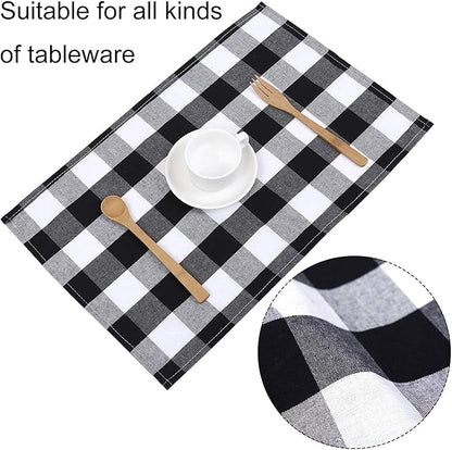 Aneco 4 Pack Buffalo Plaid Placemats Checkered Place Mats Double Layer Placemats 13 x 19 Inches Decorative Kitchen Cotton Table Placemats, Black and White