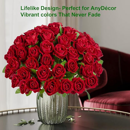 Fake Plants Roses Flowers Plastic Flowers Spring Decorations for Home Gifts for Gf Roses Artificial Flowers for Vase Fake Flowers Home Decor Fake Plant 19.6”(50PCS Red)