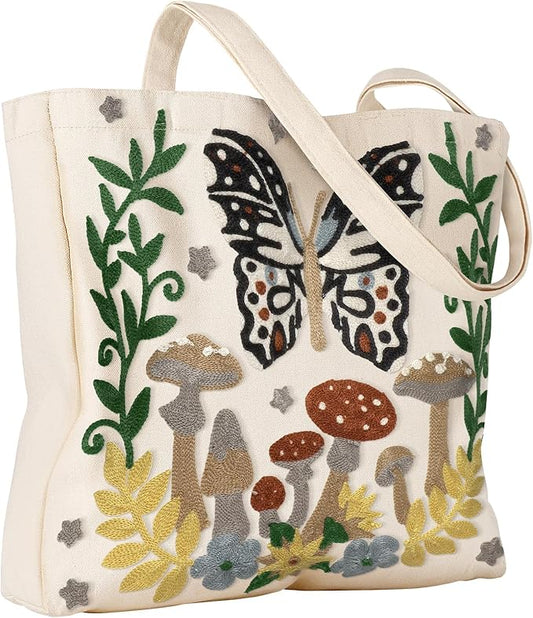 Aesthetic Embroidery Tote Bag for Women - Reusable Canvas Cute Shoulder Bag for Shopping, Grocery, Work, Book