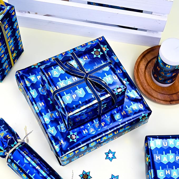 MAYPLUSS Reversible Wrapping Paper - Mini Roll - 17in * 32.8 Feet- Happy Hanukkah Lettering with Glitter Metallic Foil (47.3 sq.ft.ttl) for Chanukkah,Christmas