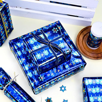 MAYPLUSS Reversible Wrapping Paper - Mini Roll - 17in * 32.8 Feet- Happy Hanukkah Lettering with Glitter Metallic Foil (47.3 sq.ft.ttl) for Chanukkah,Christmas