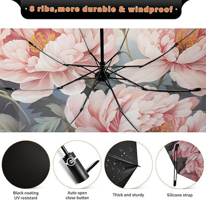 Automatic Folding Umbrella Windproof Strong, UV Protection Compact Floral Hydrangea Hummingbird Sun Rain Sun Rain Travel Umbrellas for Women Men