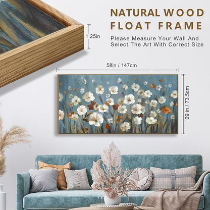 VEAEE Wildflowers Canvas Wall Art, Daisy Flowers Canvas Pictures,Abstract Orange White Floral Blossom Landscape Painting for Living Room Bedroom Kitchen Dining Room Home Office Decor 29"x58"