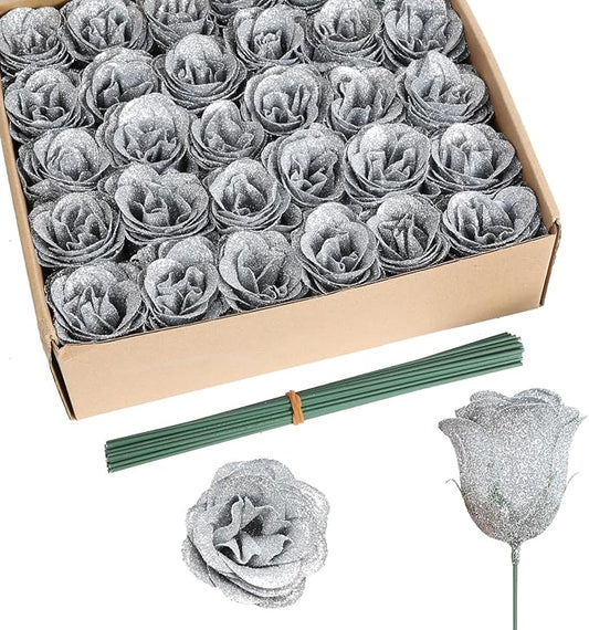 Glitter Roses Bouquet,30PCS Silver Roses Fake Roses Artificial Flowers for Wedding Bouquet Party Christmas Home Decor(Silver)