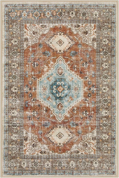 Lahome Oriental Small Rugs for Entryway, 2x3 Rug Non Slip Washable Fall Door Mat Indoor Entrance Ultra-Thin Vintage Soft Carpet for Kitchen Bedroom Front Door Bathroom, Orange/Multi