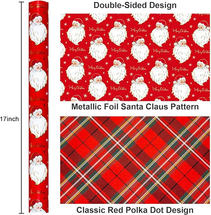 Yarcony Red Christmas Wrapping Paper Roll, Santa Wrapping Paper, Retro Classic Red Santa Claus, Stewart Tartan Plaid Christmas Gift Wrap Sheets for Winter Holiday, Festive Decor (17 Inch X 33 Feet)