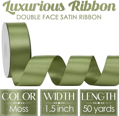MEEDEE Moss Satin Ribbon 1-1/2 Inch Dark Green Ribbon Lux Double Faced Satin Ribbons by 50 Yards Green Polyester Satin Ribbons for Crafts, Weddings, Flower Bouquet, Holiday Decorating