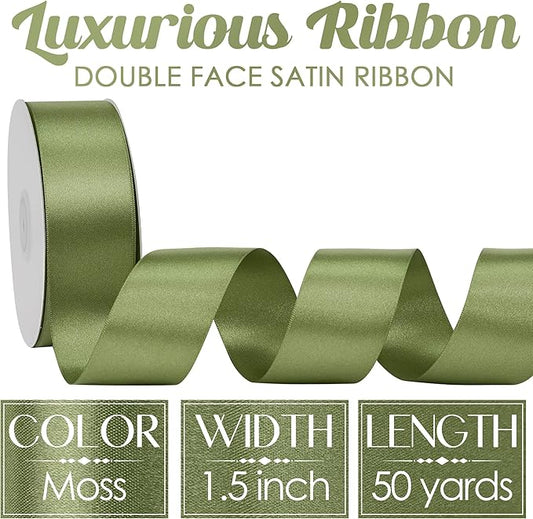 MEEDEE Moss Satin Ribbon 1-1/2 Inch Dark Green Ribbon Lux Double Faced Satin Ribbons by 50 Yards Green Polyester Satin Ribbons for Crafts, Weddings, Flower Bouquet, Holiday Decorating