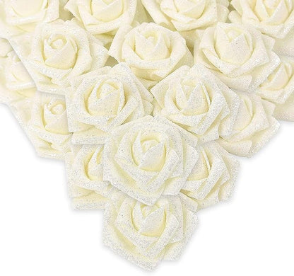IPOPU Glitter Roses,50pcs Glitter Flowers Foam Rose with Stem for DIY Wedding Bridal Bouquet Home Party Christmas Decoration(Ivory)