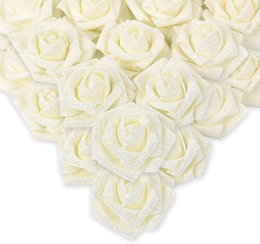 IPOPU Glitter Roses,50pcs Glitter Flowers Foam Rose with Stem for DIY Wedding Bridal Bouquet Home Party Christmas Decoration(Ivory)