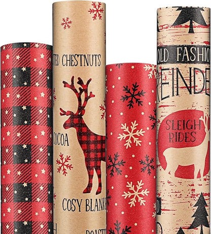 Anvure Christmas Wrapping Paper (4 Rolls: 93 sq. ft total) 17 Inch*16.4 Feet Per Rolls, Xmas Kraft Set Designs with Plaid, Reindeer, Tree, Snowflake & Star Patterns Holiday Wrap for Gift