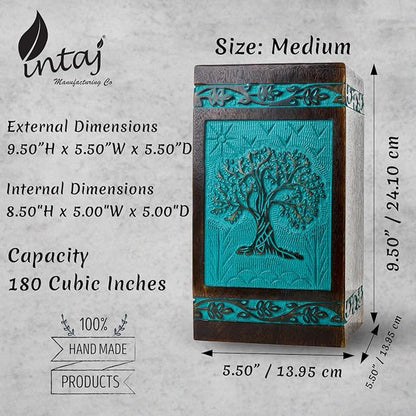 INTAJ Wooden Cremation Urns for Human Ashes - Large 180 lbs, Handcarved Tree of Life Design, Suitable for Men, Women, Mom, Dad - TSA Approved, Decorative Memorial Urn Box, Green