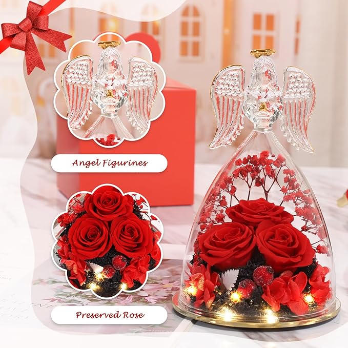 ANWEAO Preserved Flowers Birthday Gifts for Her Preserved Real Rose in Angel Glass Crystal Angel Figurines for Her Ideal Birthday,Mother's Day,Wedding,Valentine's,Christmas,Thanksgiving Day