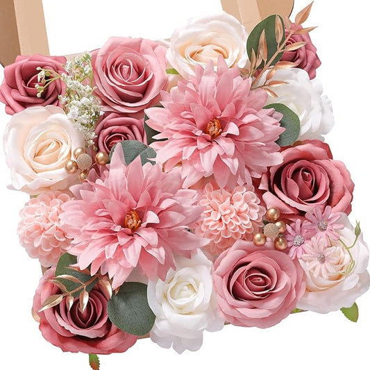 Serwalin 2PCS Artificial Pink Silk Dahlia Flowers - Fake Wedding Bouquets & Centerpieces - Baby Shower & Home Decor