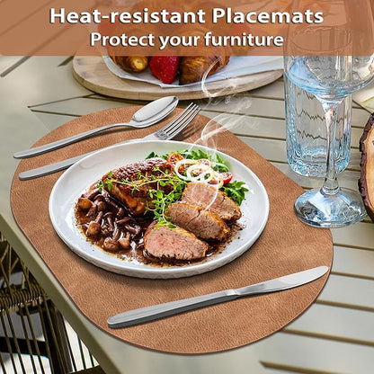 ADRIMER Placemats, Heat Resistant Oval Placemats Set of 8 Washable 12 x 17 Inch, Waterproof Table Mats, Wipeable Pu Place Mats for Kitchen, Dining Room, Sandy Light Brown