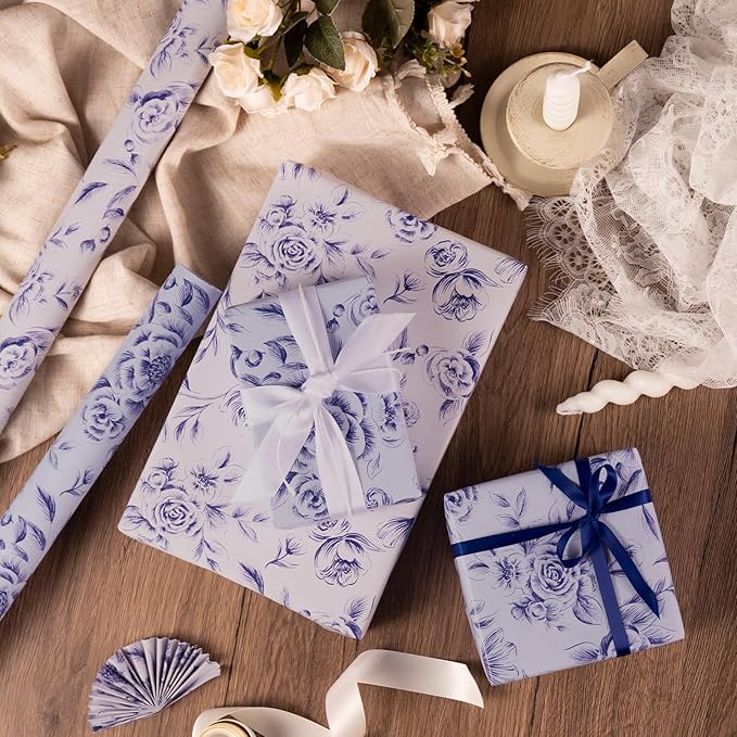 WRAPAHOLIC 30 Inch Reversible Floral Wrapping Paper Roll - 30 Inch x 33 Feet - Purple Flower Wrapping Paper for Wedding, Bridal Shower, Mother's Day, Birthday, Baby Shower