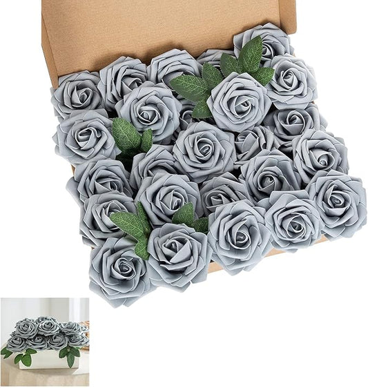 Artificial Flower Foam Rose 25pcs Real Looking Fake Rose with Stems Leaves for Home Decoration Party Garden Centerpieces DIY Wedding Bouquets（Grey）
