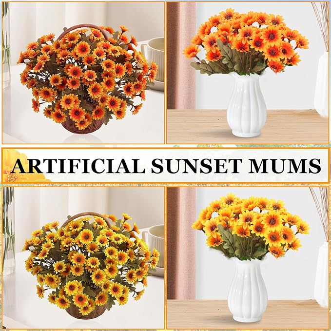 Artificial Mums, Artificial Sunset Mums, Artificial Outdoor Sunset Mum-s Flowers - UV Resistant, Waterproof, Windproof, Reflecting Autumn Vibe (Orange - 5 Bundle)