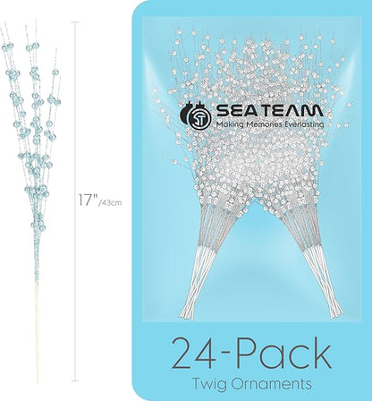 Sea Team 24-Pack Artificial Glitter Berry Stem Ornaments, Decorative Bead Sticks, Glittery Twigs, Picks, Branches for Christmas Tree, Small Vase, Holiday, Wedding, Party (17 Inches, Babyblue)