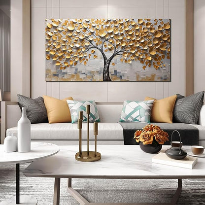 Tree Pictures Wall Decor for Living Room Yellow Canvas Wall Art for Bedroom Large Abstract Wall Art for Office Size 29" x 58"
