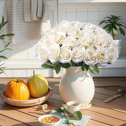 Artificial Rose Flower Ivory Flowers Ivory Roses White Roses Silk Flowers 30 pcs with Long Stem Silk Roses Bouquet for Wedding Bridal Shower Party Home Decoration