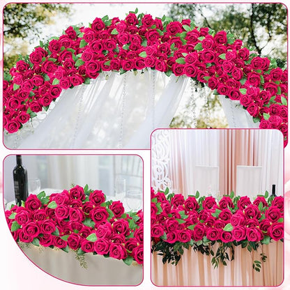 150 Pcs Roses Artificial Flowers, Silk Hot Pink Artificial Flowers Petals Long Stem Roses for Wedding Bouquet Home Party Decor