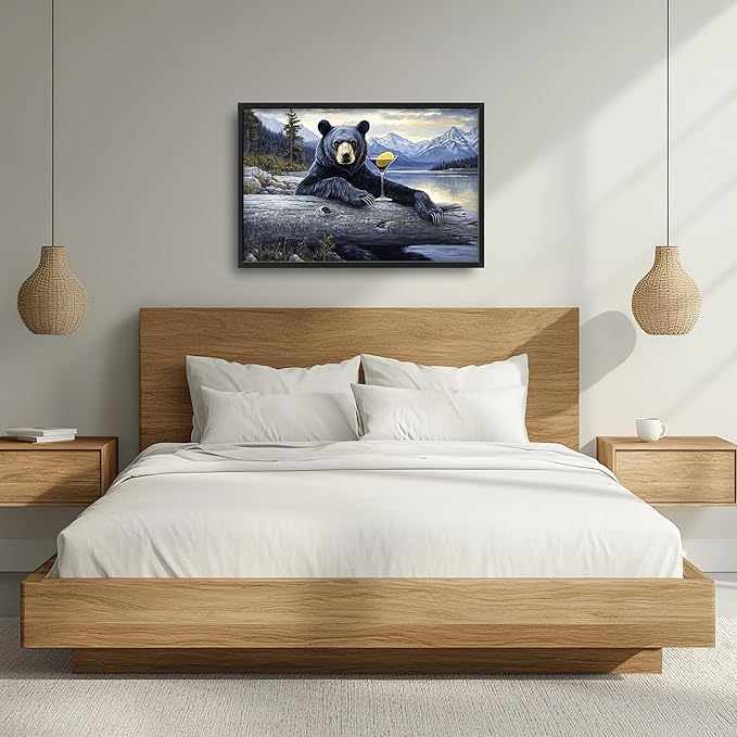 Forest Bear Large Decor Framed Wall Art Mountain Lake Cabin Pictures for Living Room, Black Bear Oversized Canvas Print Painting Modern Extra Large Framed Artwork for Bedroom Office 36"x24"