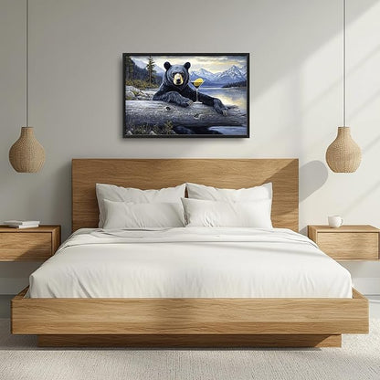 Forest Bear Large Decor Framed Wall Art Mountain Lake Cabin Pictures for Living Room, Black Bear Oversized Canvas Print Painting Modern Extra Large Framed Artwork for Bedroom Office 36"x24"