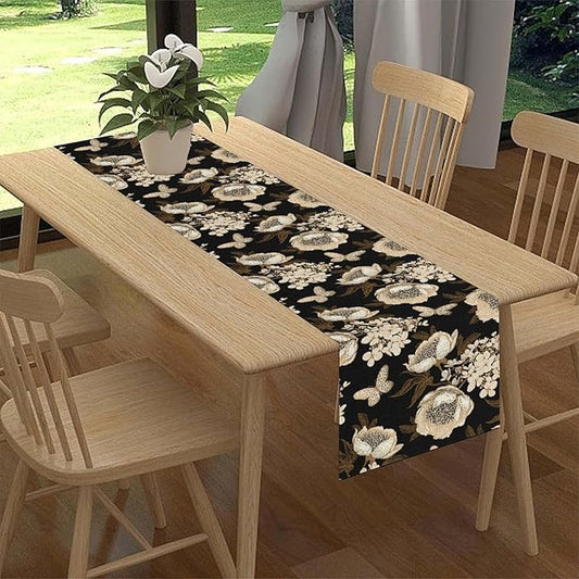 Boho Floral Table Runner, Retro Bohemian Abstract Flower Leaves Black Gothic Print Table Center Decor for Family Kitchen Table Decorations Indoor Outdoor 13x108 inch