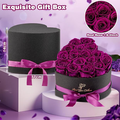 Forever Flowers, 16 Purple Preserved Rose in Heart Shape Box for Delivery Prime,Gifts for Women Grandma Wife Sisiter, Eternal Rose Box Rose Gifts for Mom Birthday
