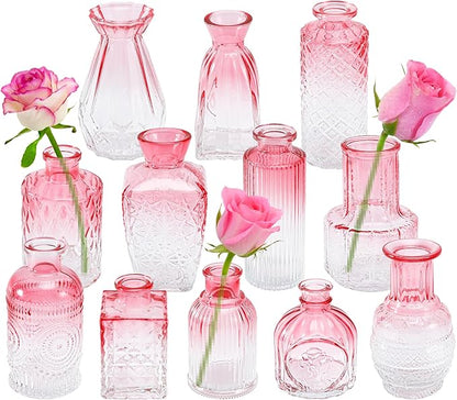 Glass Bud Vases Set of 12,Pink Bud Vases in Bulk,Small Flower Vase for Centerpiece,Mini Vintage Vase for Wedding Home Room Office Table Decor(Pink)
