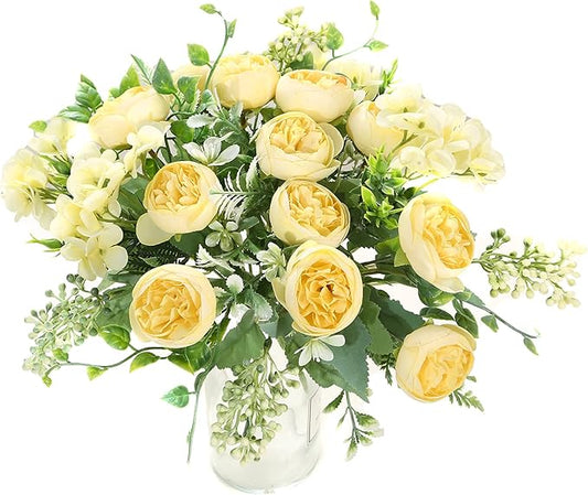 Artificial Flowers Fake Peony Silk Mini Plastic Bridal Flowers for DIY Wedding Bouquets Home Decorations 4 Packs(Light Yellow)